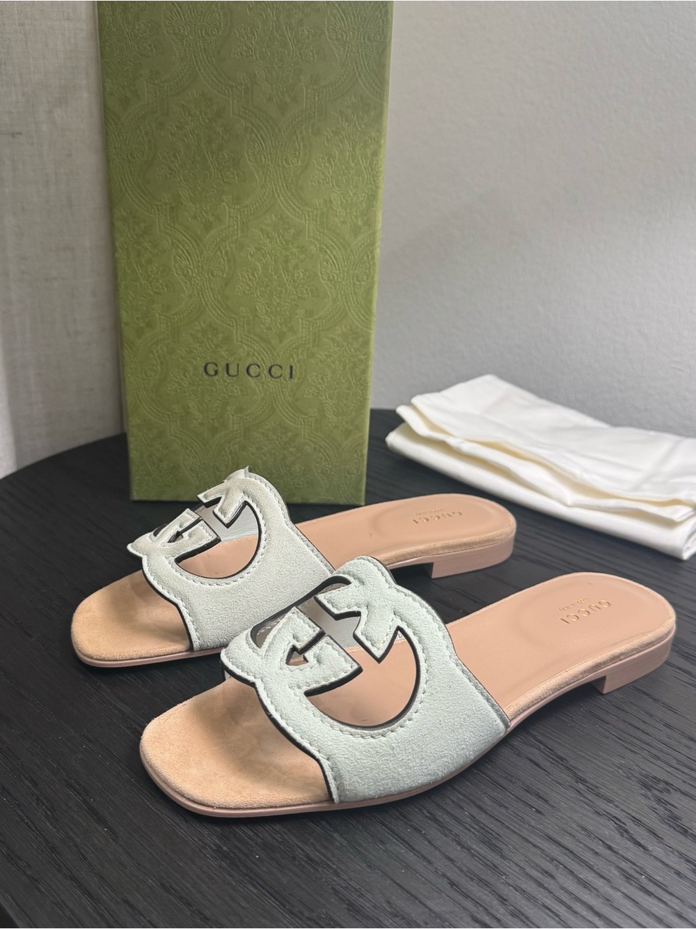 Gucci Green GG Cutout Slide Sandals Suede Green/Tan 37